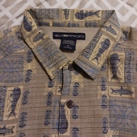 Exofficio Men's Medium Tan Blue Hawaiian Fishing S/S Button Down Vented Shirt - Picture 5 of 11